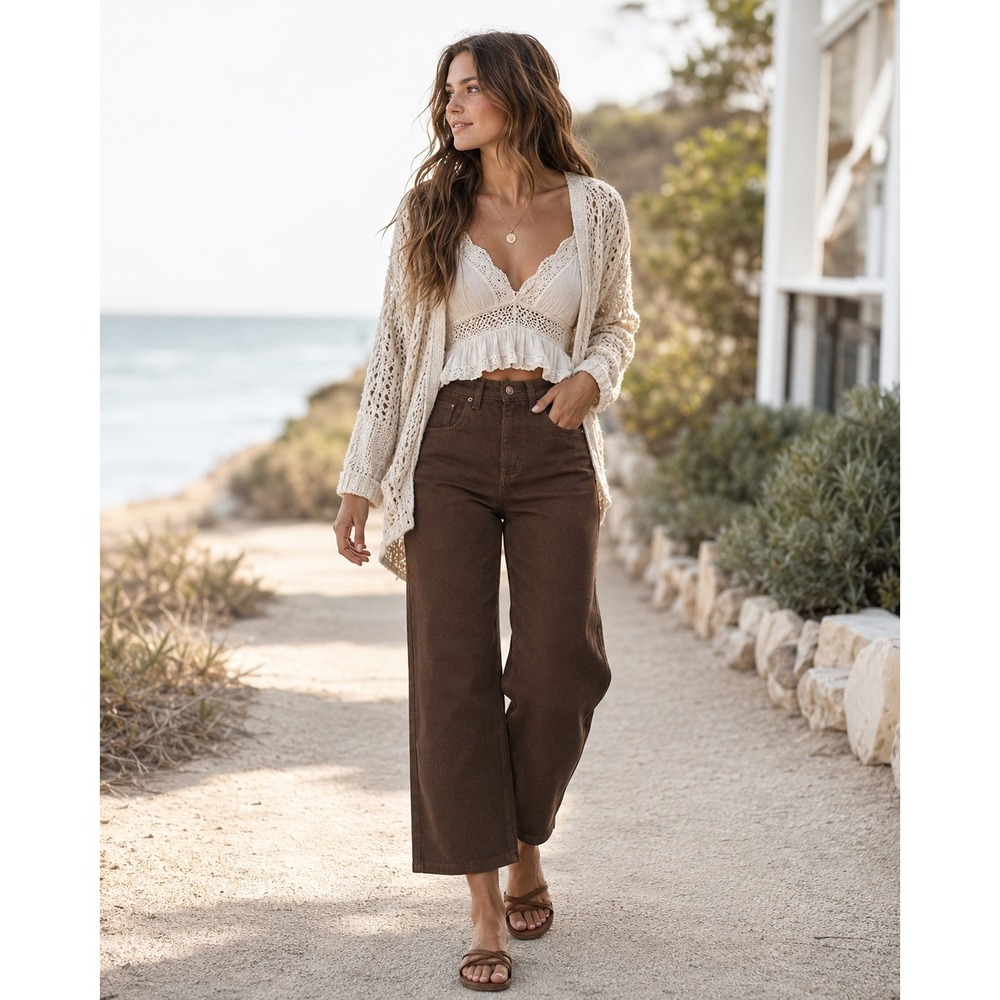 EMMIOL High Rise Stretch Denim Wide Leg Pants Brown Size S Y2K Streetwear